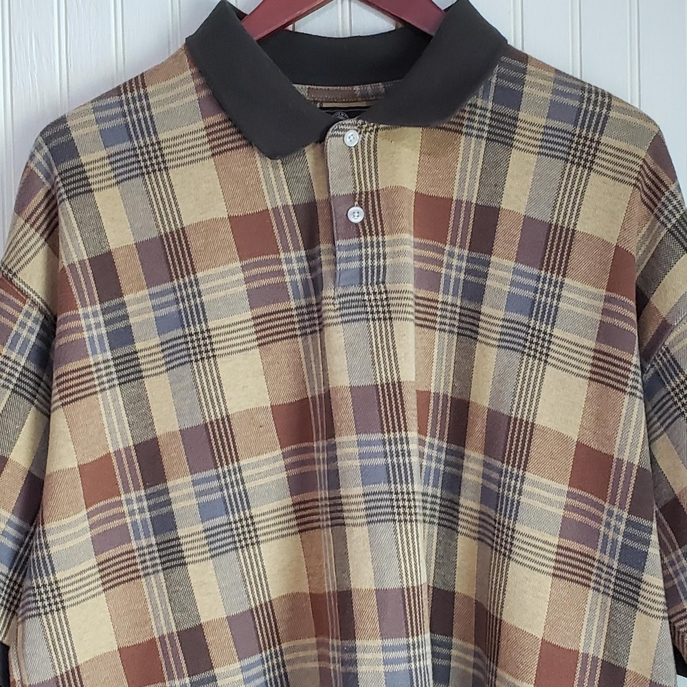 J. Riggings Polo Shirt Mens XL Brown Plaid Short Sleeve Cotton Blend Knit Top